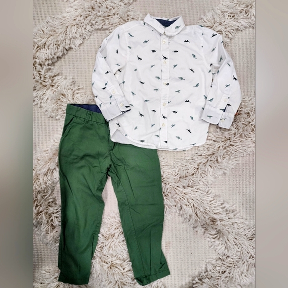 H&M Other - 🦖 H&M 3T-4T boys button-up dinosaur shirt and green pants